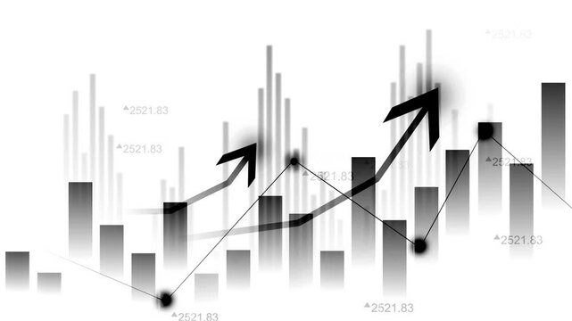 Dark abstract financial chart with glowing bar and line graph elements animation