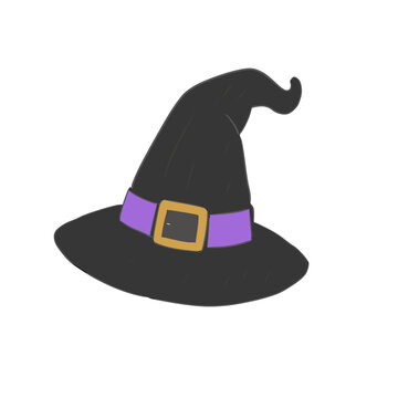 Cute black witch hat with purple ribbon and gold buckle vector illustration