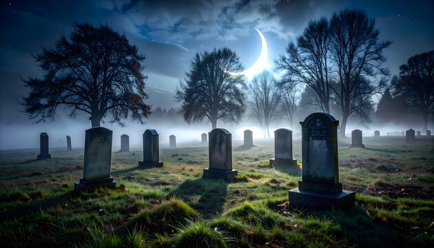 Cementerio nocturno con l&aacute;pidas antiguas entre &aacute;rboles, niebla y luz de luna en una atm&oacute;sfera oscura