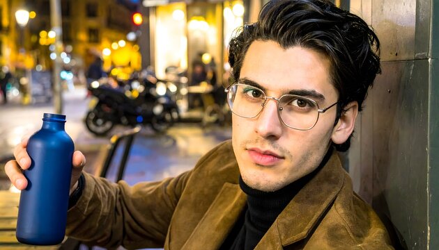 Hombre joven con gafas sosteniendo una botella reutilizable azul en una calle urbana iluminada por la noche