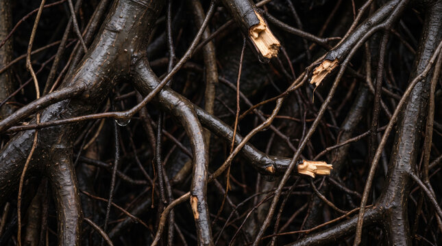 Halloween branch background with dry broken wood creating dark forest texture. Creepy eerie gothic horror forest. old wood tree branch root, mysterious dramatic fantasy skittish