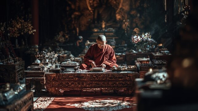 Buddhist monk performing ritual at ornate altar in temple