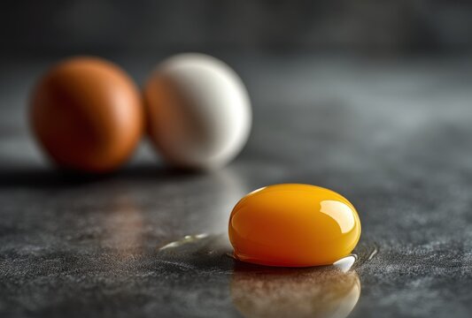Fresh eggs in a moody still life with a cracked egg yolk in the foreground