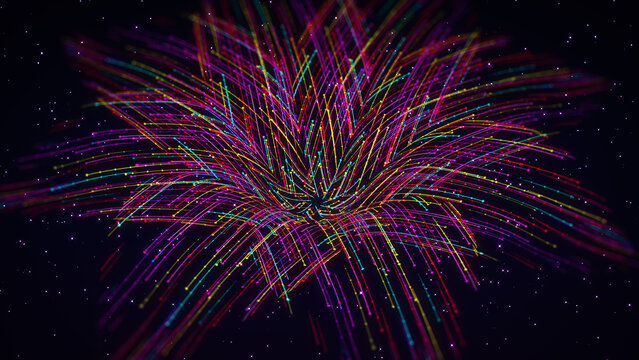 Vibrant 3D curved particle lines and dotted light trails expanding into a colorful glowing flower bloom perspective over a dark starry cosmic background.