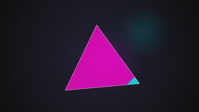 Ilustrasi grafis minimalis segitiga prisma berwarna magenta terang dengan sisi biru kecil di latar belakang gelap dan buram