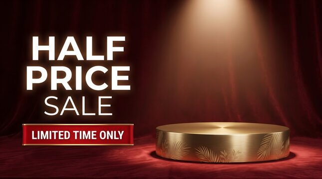 Dark Red Stage Gold Podium Half Price Sale Limited Time Only Web Banner