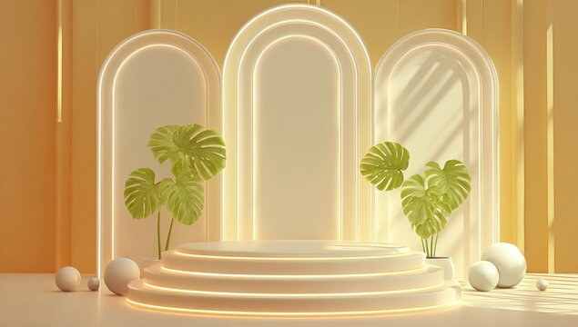 A beautifully elegant minimalist stage design featuring decorative arches and subtle golden accents perfect for product presentations or displays
