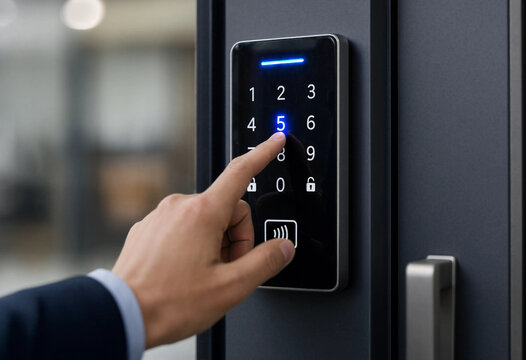Hand presses keypad on sleek digital door lock
