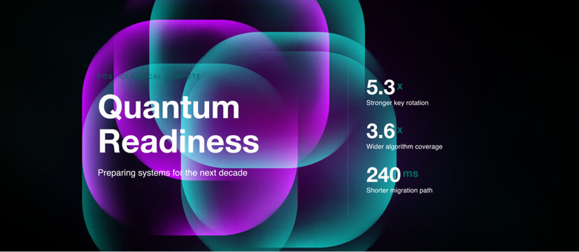 Abstract design showcases quantum readiness concept. Metrics highlight improved key rotation, algorithm coverage, migration speed. Future focused technology presentation.