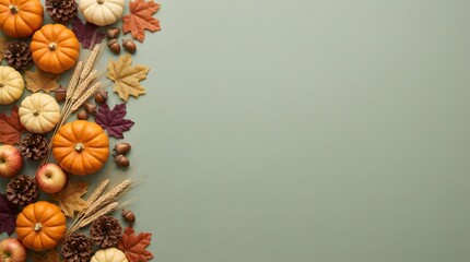 Fototapeta premium Flat lay composition with orange and white pumpkins autumn leaves and pinecones on a sage green background