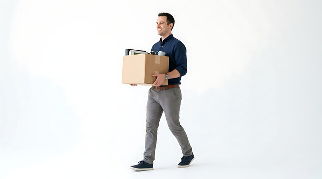 Smiling man carrying a cardboard box with office supplies and personal items while walking PNG Isolated on transparent background