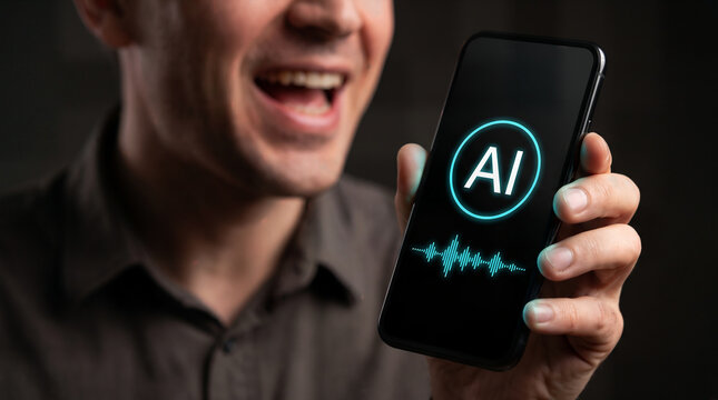 Voice recognition technology and artificial intelligence assistant concept showing a man speaking into a smartphone with sound waveform interface