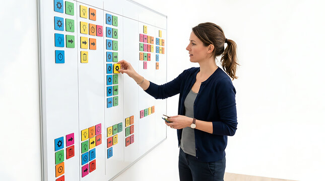 Woman placing colorful icon cards on a Kanban board for project management and workflow planning PNG Isolated on transparent background