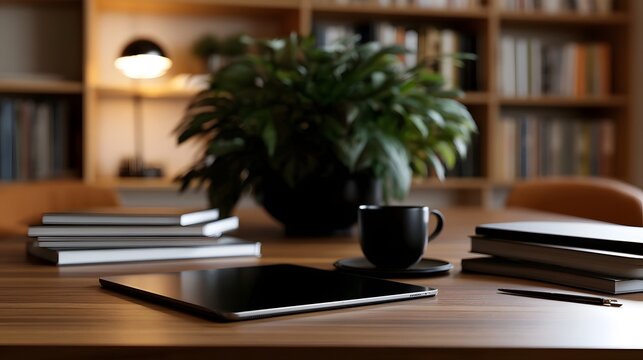A minimalist wooden desk setup with a tablet  coffee cup  books  and a potted plant under warm ambient lighting