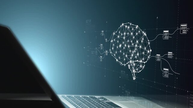 A futuristic robot hand hovers above a laptop, engaging with a digital brain display and dynamic data graphics, symbolizing advanced technology and artificial intelligence interaction. Salient