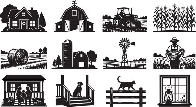Rural farm life featuring houses, barns, tractors, cornfields, hay bales, windmills, and domestic animals on a porch