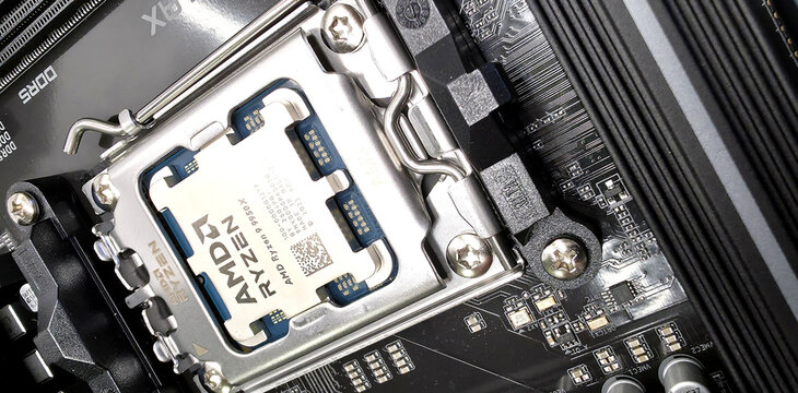 Minsk, Belarus. Sep 12, 2026. AMD Ryzen processor seated in an AM5 socket beside a VRM heatsink