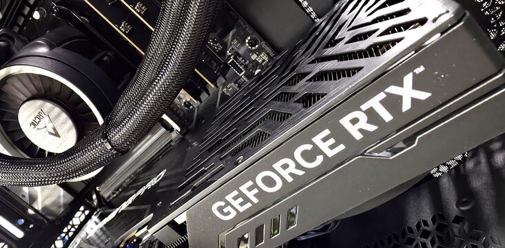 Minsk, Belarus. Sep 12, 2026. GeForce RTX graphics card installed next to a liquid cooler in a gaming PC