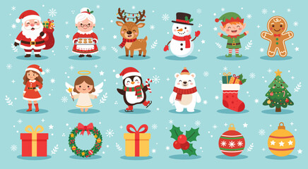 Fototapeta premium Christmas cartoon characters and elements illustrations set. Festive kawaii clipart for Christmas decorations