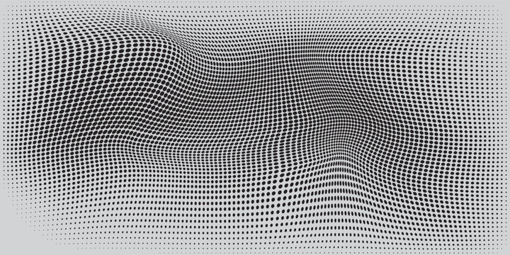 Wavy halftone grunge background. Rough, faded textured wallpaper; black-and-white comic-style noise and rough surface; overlay of speckles, dots, and pixelated particles.