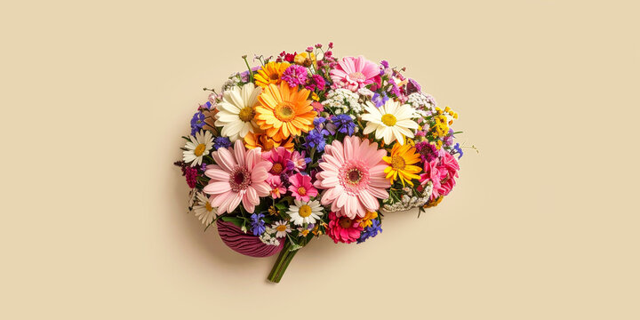 Colorful floral arrangement shaped like a human brain on a beige background, symbolizing mental health and neurodiversity awareness