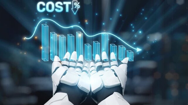 A robot hands hold a digital graph illustrating a trend of decreasing cost, highlighted with blue light, symbolizing innovation in finance and technology analysis. Salient