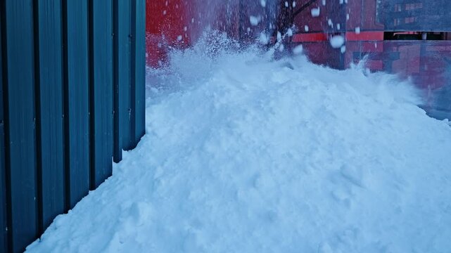 Heavy roof snow falls by factory walls as climate adaptation work gets underway