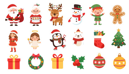 Fototapeta premium Christmas cartoon characters and elements illustrations set. Festive kawaii clipart for Christmas decorations