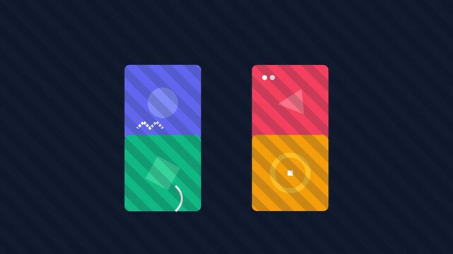 Ilustrasi grafis dua blok warna-warni yang terdiri dari empat kuadran dengan pola garis dan bentuk geometris abstrak di latar belakang gelap bergaris diagonal