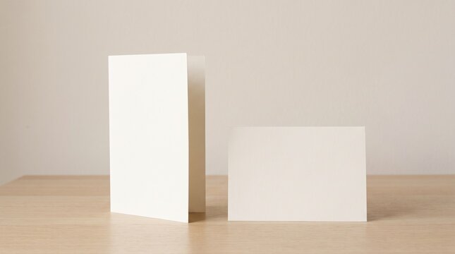Two blank white cards standing on a neutral surface with soft lighting.