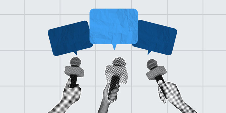 collage halftone, blue paper texture speech bubbles with hand holding microphone on grid background. for discussion. group chat, community feedback