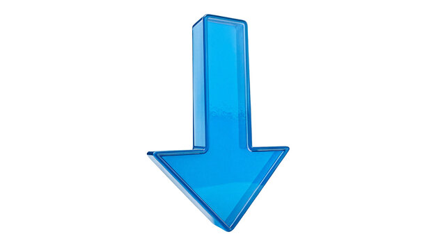Vibrant blue 3D directional arrow pointer downward symbol isolated on transparent background.