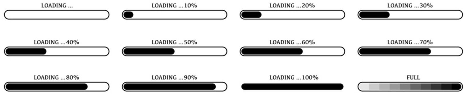 Vector of loading bar icons. Download progress status and indicator with circle shape.