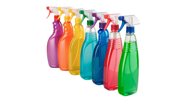 Row of colorful plastic spray bottles household chemicals isolated on transparent background.