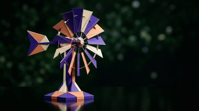Artistic paper windmill with purple and orange panels isolated on dark blurred background for renewable energy design.