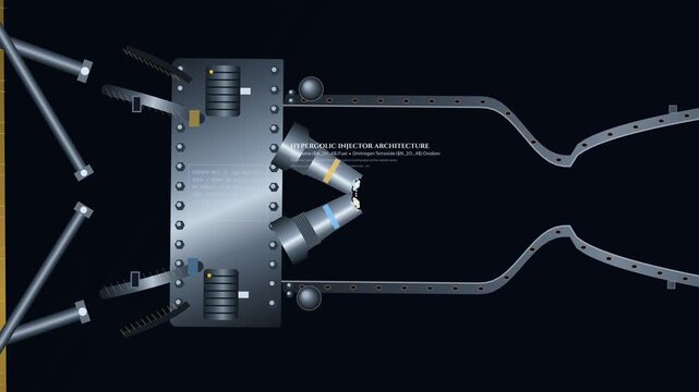 3D animation of a spacecraft hypergolic injector showing opposed doublet injection, spontaneous contact detonation, supersonic vacuum expansion, and molecular interface kinetics