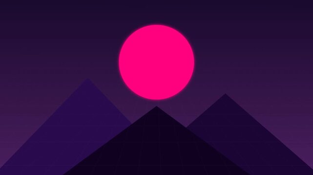 Minimalist digital artwork of mountains with vibrant pink sun