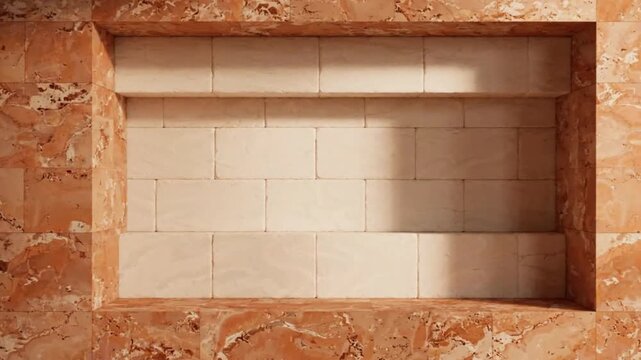 Decorative marble alcove featuring shifting natural sunlight casting geometric shadows across textured brick patterns in this smooth animation loop video