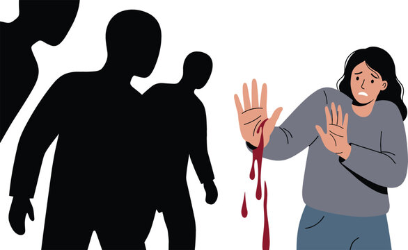 Scared Woman Showing Injured Bloody Hand to Shadowy Male Silhouettes for Domestic Violence Campaigns, Crime Safety Concepts, and Harassment Awareness Designs