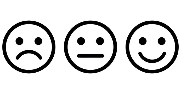 Sad neutral and happy smiley face emoticon icons vector set for customer feedback rating.