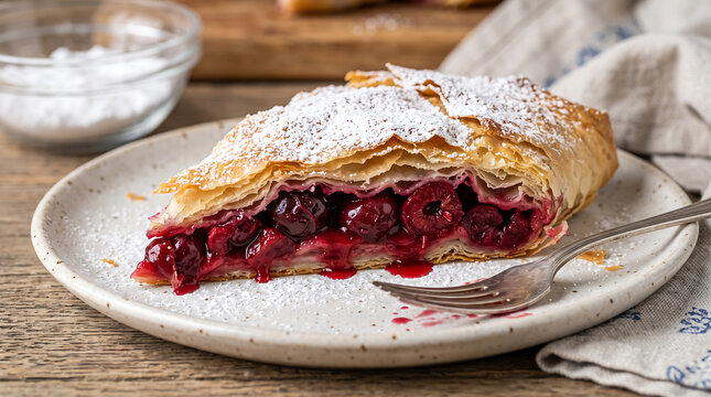 Hyper Realistic 9K Diagonal Angle Close Up Moldovan Sour Cherry Placinta Pastry Food Photography
