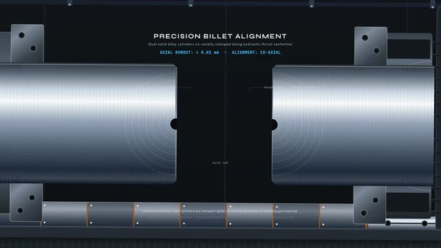 3D animation of a solid-state friction welding process showing precision billet alignment, high-velocity rotary drive, viscoplastic friction heating, and monolithic solid-state union