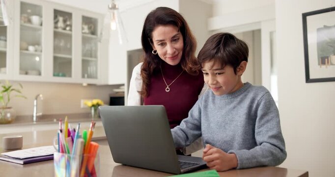 Homework, laptop and child in home with mom for remote learning, virtual class and support lesson. Family, mother and help with boy on computer for online assessment, internet education and knowledge