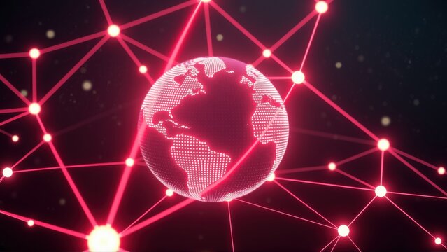 Glowing earth connected via pink network. Digital world, data streams, futuristic concept. Bright points form complex system.