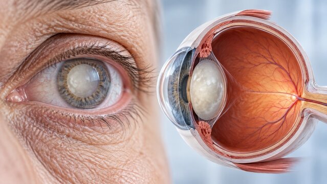Medical illustration of cataract disease in human eye lens showing cloudy vision impairment structure.