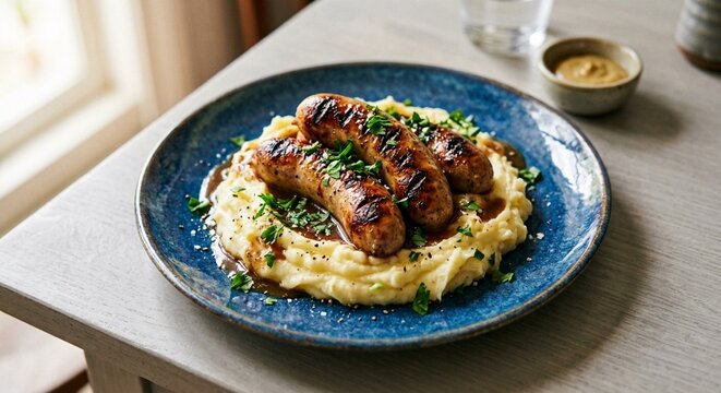 Grilled German sausages served over creamy mashed potatoes, garnished with fresh herbs and gravy on a blue ceramic plate with mustard dip.