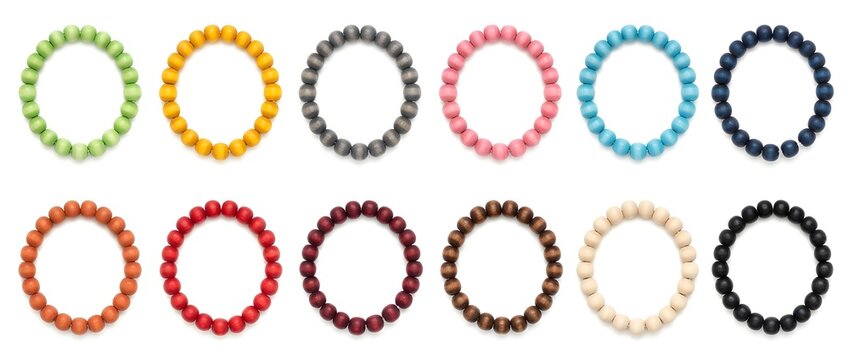 A collection of twelve colorful wooden bead bracelets arranged in two rows of six, each a solid hue, isolated against a clean white background.