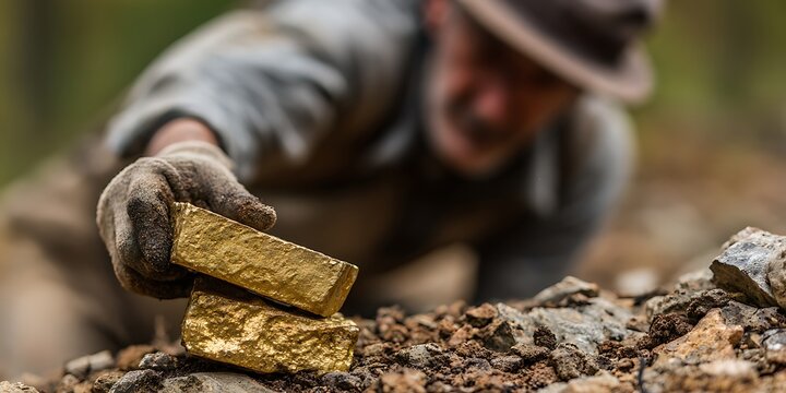 Miner discovering gold bars in a prospector's dirty hand
