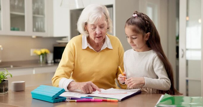 Coloring, homework and child with grandma in home, skill development or learn with creative project. Senior woman, talk and kid with assignment, happy family and cognitive growth with crayon in house