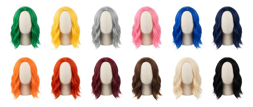 A collection of twelve colorful wavy hair wigs displayed on white mannequins, arranged in two rows and isolated on a clean white background.